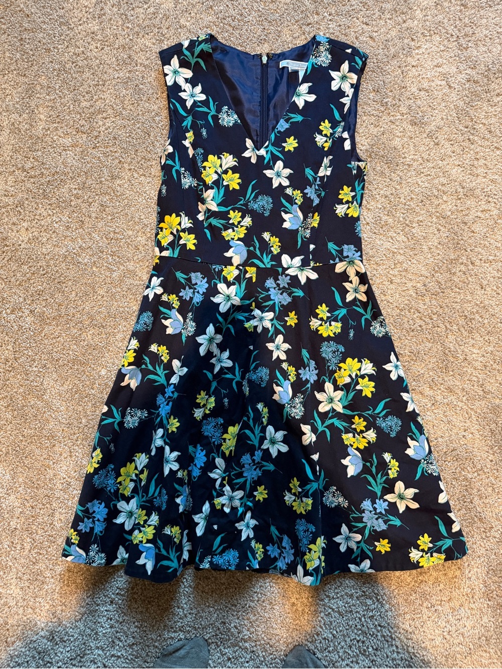 Draper James Navy Floral V‑Neck Fit & Flare Midi Dress